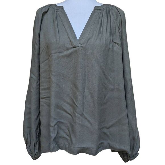 Old Navy Olive Green Top Blouse Round Split Pleated Neck Elastic Cuffs Size M - Picture 1 of 8
